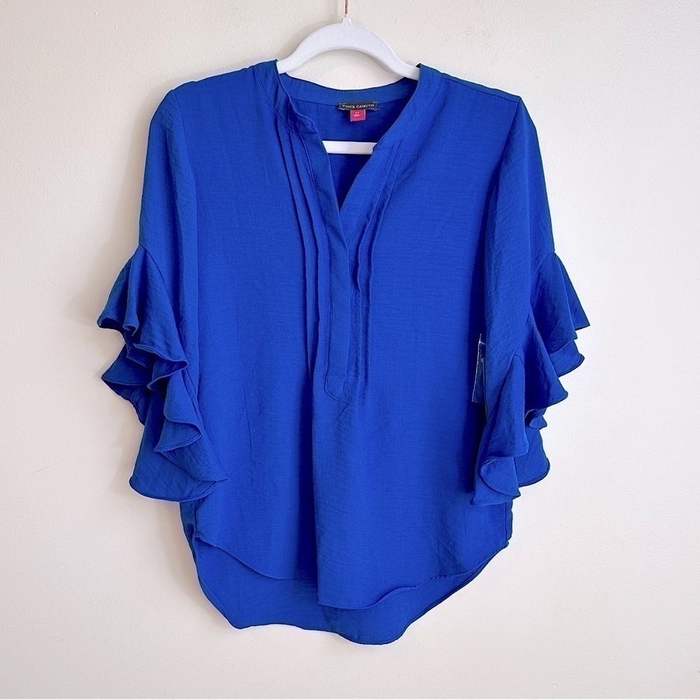 NWT Vince Camuto Split Neck Ruffle Sleeve Blouse Deep Azure Size XS - Picture 13 of 15